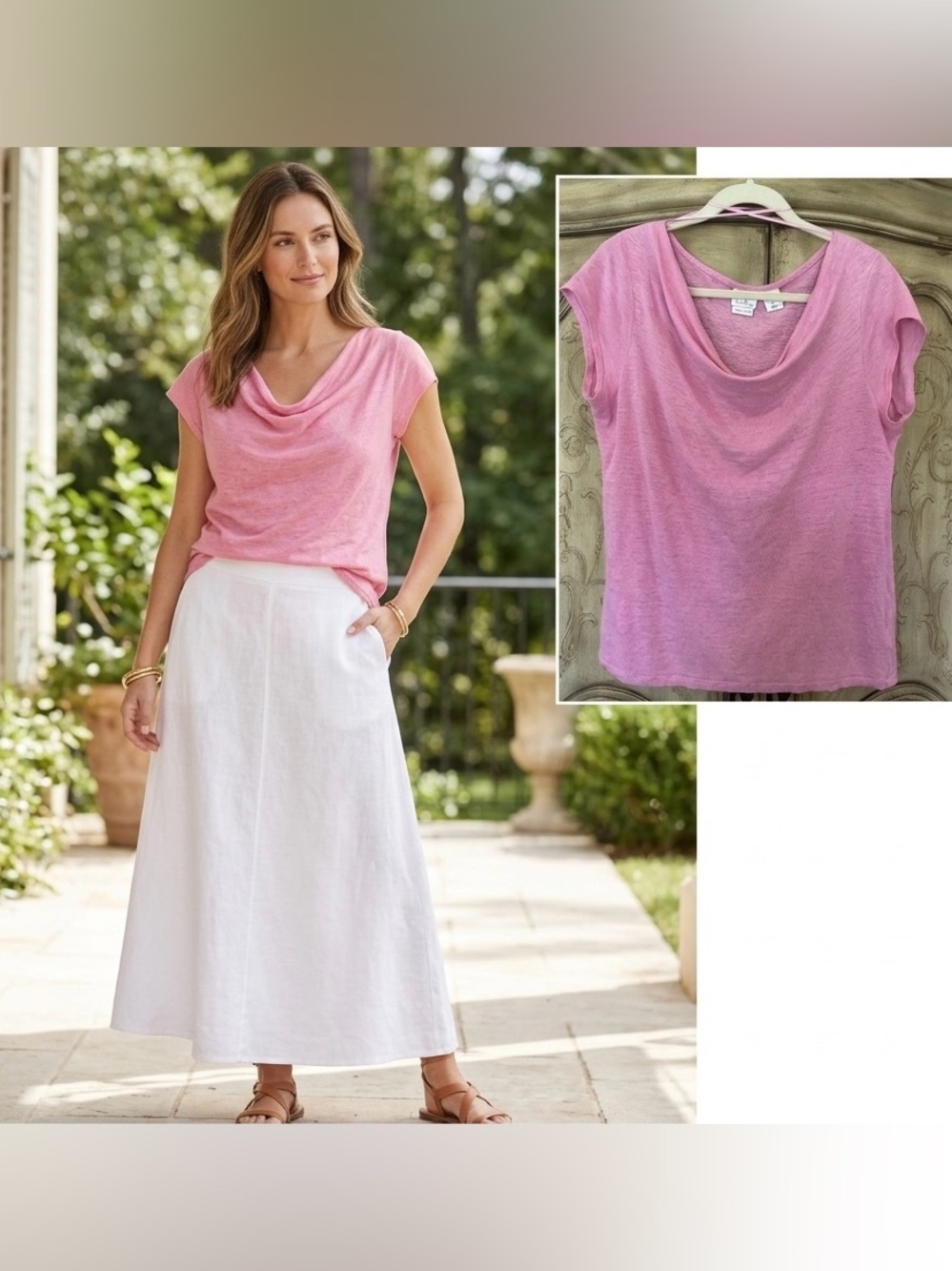 H by Halston premium tee LINEN Cowl-Neck Short Sleeve L